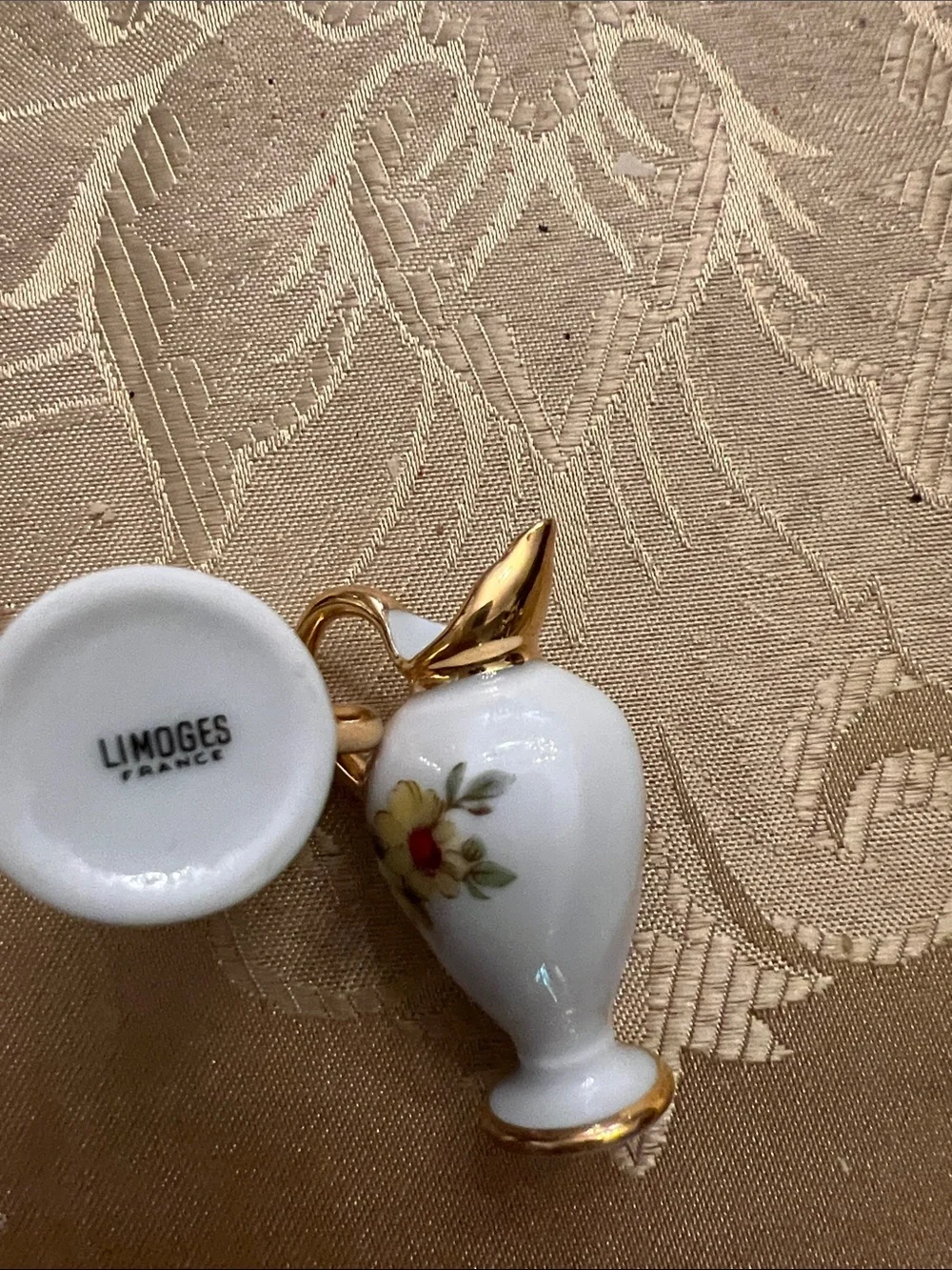 Limoges White Porcelain Mini Pitcher and Vase with Gold Trim and Pink Accents